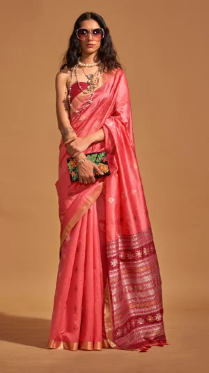 Pink Banarasi Silk Saree With Blouse Piece