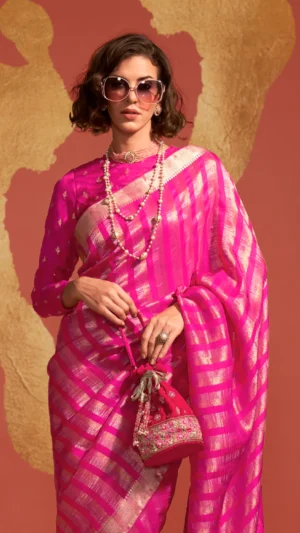 Pink Banarasi Silk Viscose Saree With Blouse Piece