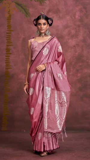 Pink Banarasi Satin Saree With Blouse Piece