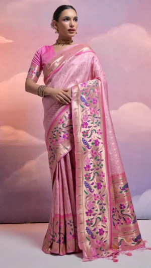 Pink Paithani Silk Blend Saree ...
