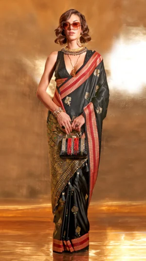 Black Banarasi Silk Saree With Blouse Piece